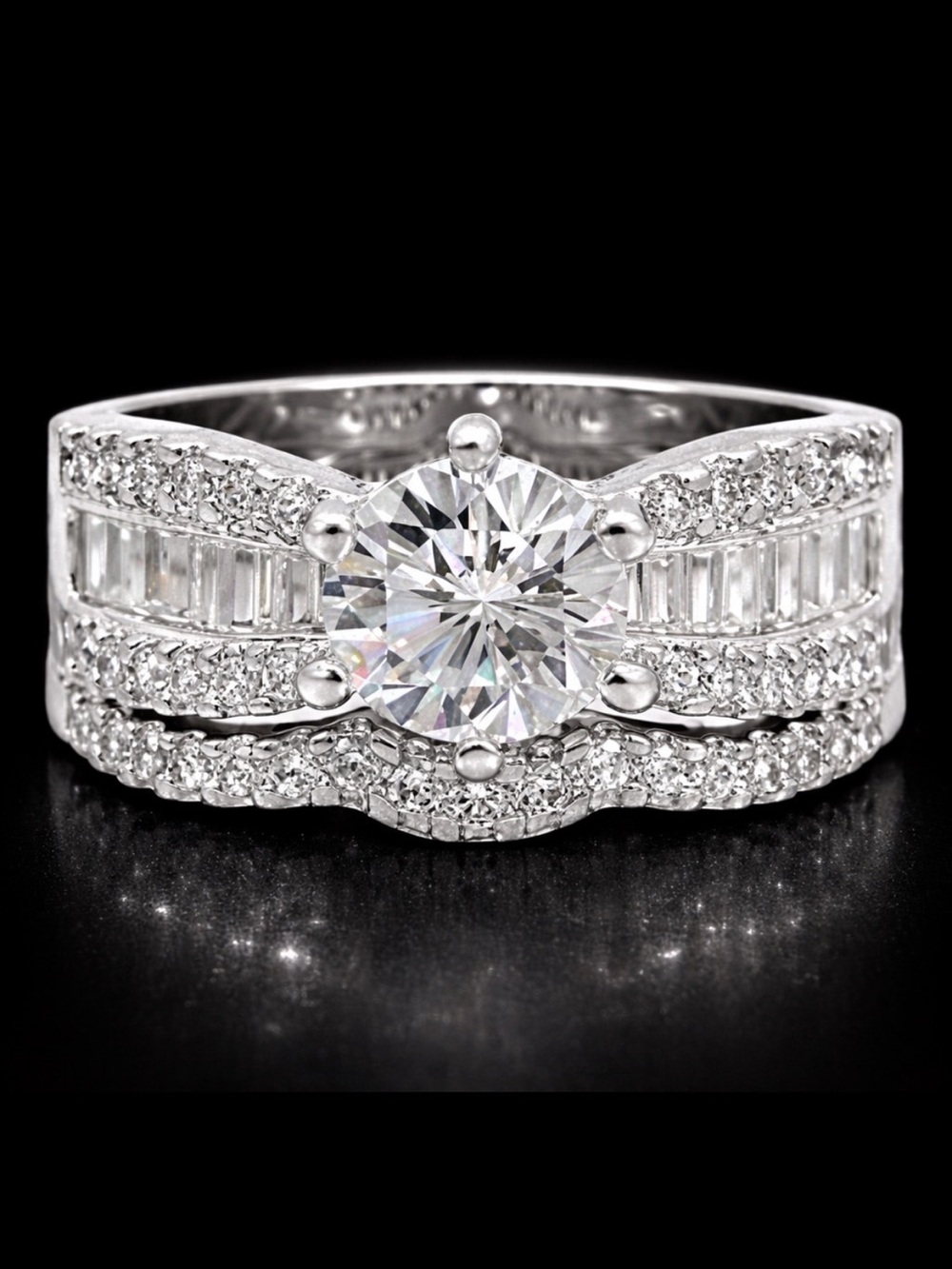 Round Solitaire Pave Baguettes Cz Engagement Wedding Ring Set statement silver